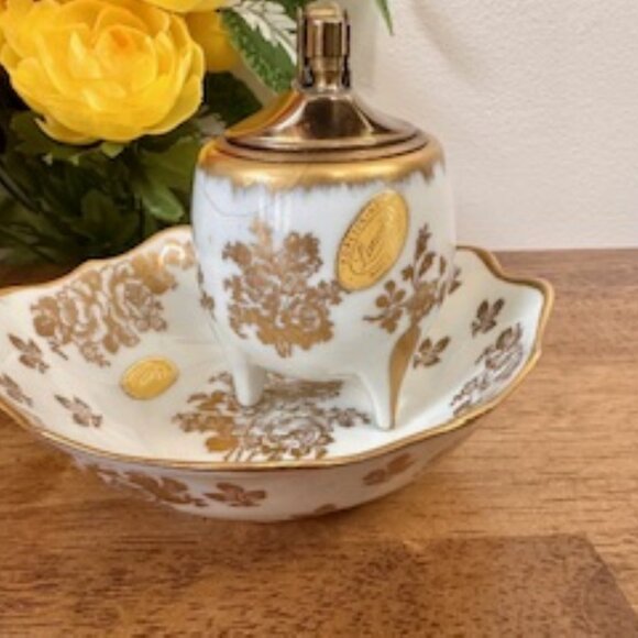 Vintage Limoges Hand Painted Porcelain Table Lighter and Matching Bowl Set Gold - Picture 8 of 8